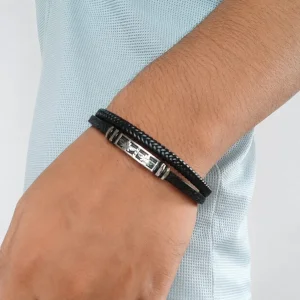 Silicone & Stainless Steel Multilayer Bracelet for Men – Black Double Strap